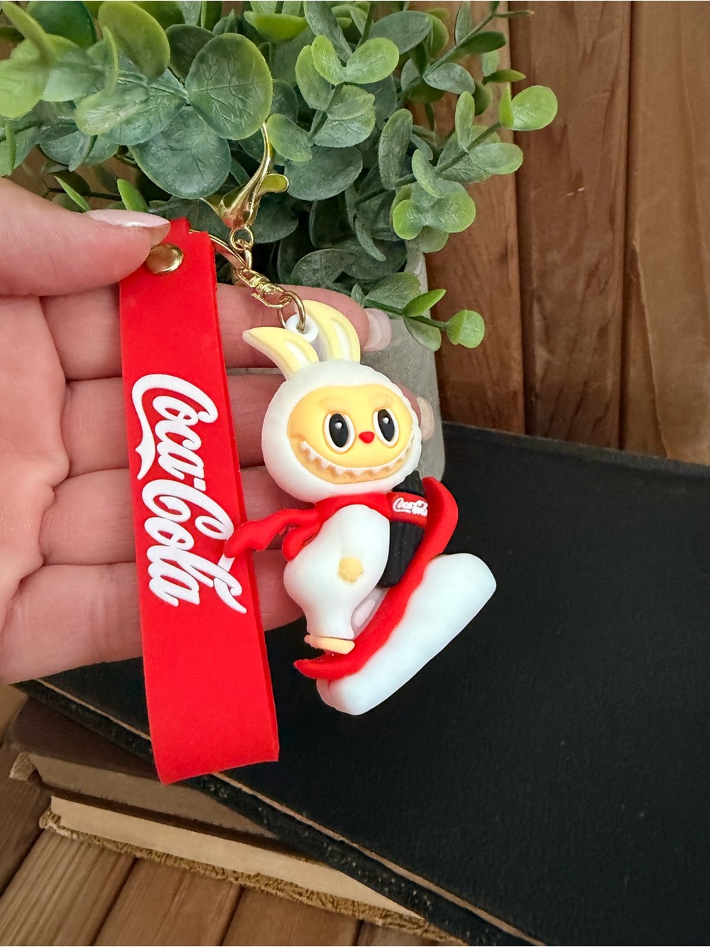 Coca-Cola Snowboard Labubu Bunny Keychain with Red Logo Strap